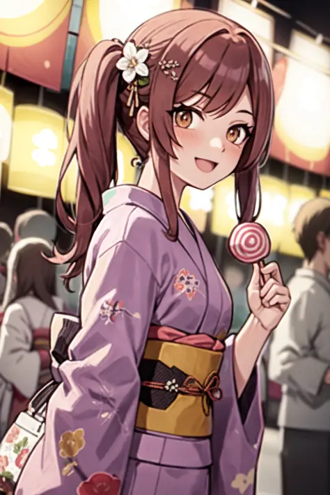 <lora:osaki amana:1>, osaki amana, 1girl, japanese clothes, kimono, solo, candy apple, food, smile, side ponytail, looking at viewer, long hair, brown hair, holding, pink kimono, hair ornament, open mouth, holding food, yukata, bangs, obi, sash, summer festival, festival, blush, :d, outdoors, wide sleeves, brown eyes, upper body, swept bangs, print kimono, blurry, hair flower, blurry background, yellow eyes, bag, flower, long sleeves