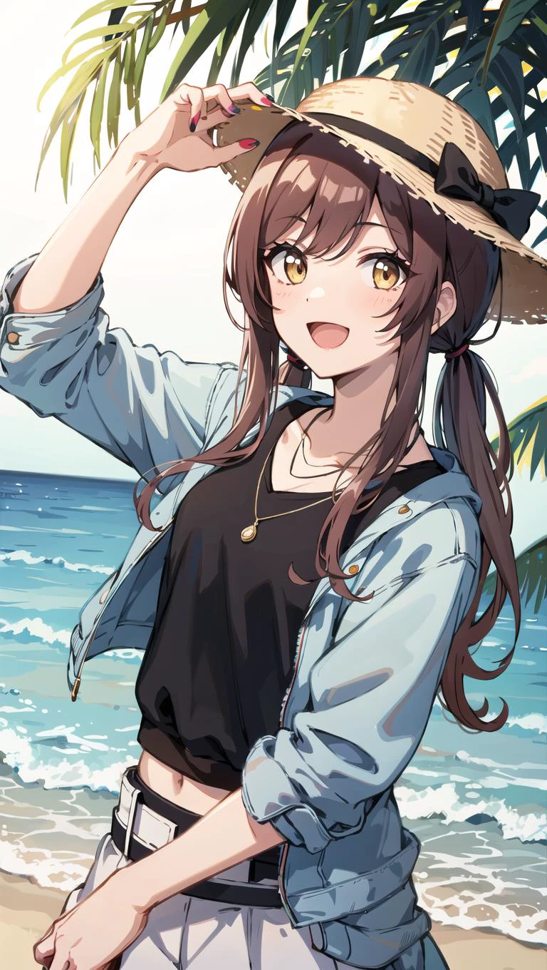 1girl, solo, osaki amana, long hair, open mouth, nail polish, jewelry, smile, twintails, looking at viewer,  long sleeves, belt, brown hair, bangs, brown eyes, necklace, shirt, black shirt, swept bangs, :d, upper body, open clothes, yellow eyes, osaki amana,  Secluded islands, white sandy beaches, crystal-clear waters, tropical foliage, marine life, relaxation,BREAK Swimsuit, sunscreen, sunglasses, sun hat, sandals, lightweight cover-up,