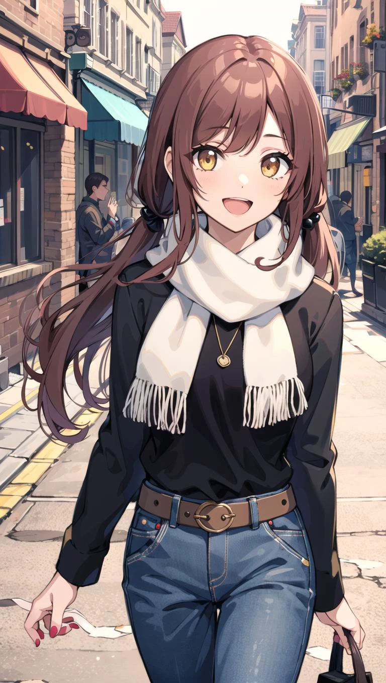 1girl, solo, osaki amana, long hair, jacket, open mouth, nail polish, jewelry, smile, twintails, looking at viewer, scarf, long sleeves, belt, brown hair, bangs, brown eyes, necklace, shirt, black shirt, swept bangs, :d, upper body, open clothes, yellow eyes, osaki amana,  (walking in the town:1.5),(outdoor:1.5),(in street:1.5),Cafeteria, Florist, Shoemaker, Florist, tailored jacket,upper body,