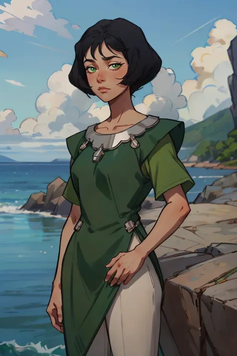 a cartoon of a woman standing on a cliff near the ocean