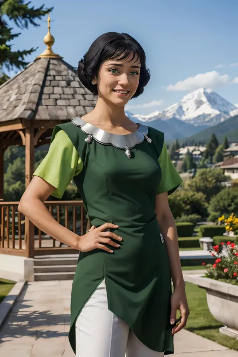 arafed woman in green dress standing in front of a gazebo