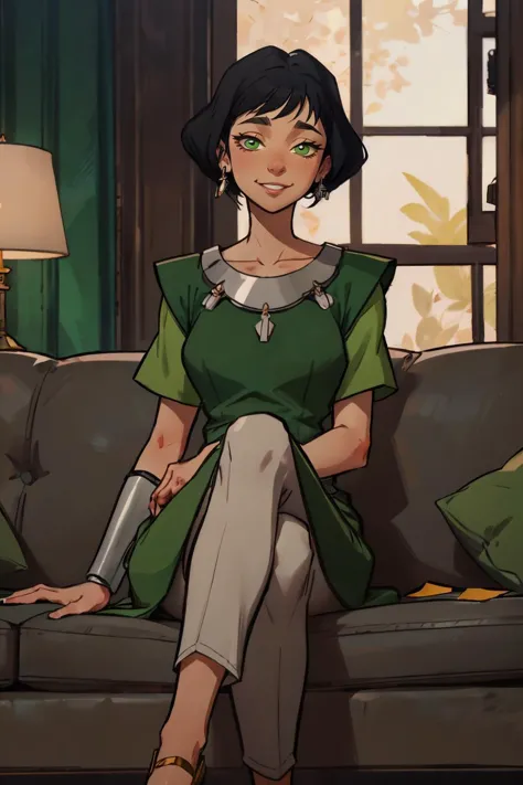 Opal Korra, short black hair, green eyes, green dress, white pants,  looking at viewer, smiling, sitting, on large sofa, legs cr...