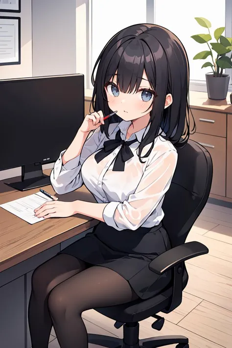 (masterpiece, best quality), a young black haired girl office secretary dressed in a transparent white blouse and black office skirt and black pantyhose ,sitting in an office chair, holding pencil, (detailed skin:1.3),(detailed eyes), (sharp focus),