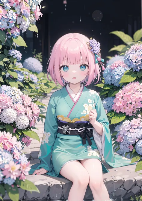 (solo), cute (1girl) ,sitting,Japanese-style garden,pink fine hair,(blunt bangs),turquoise blue eyes,hydrangea,(blurry foregroun...