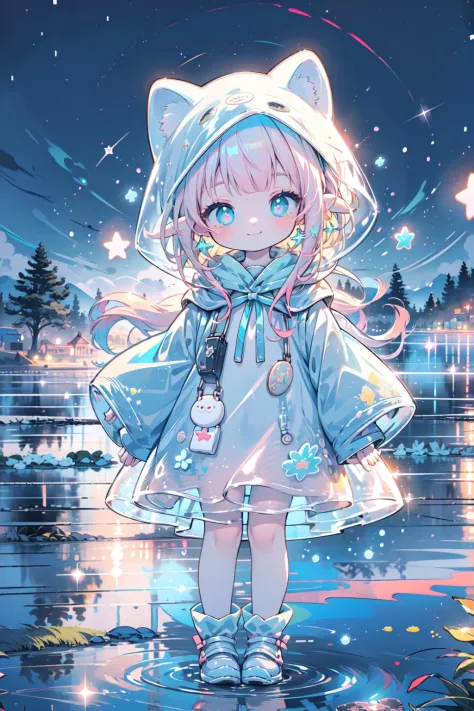 <lora:GlowingPP:0.7>, elf, earrings, pop style, glowing, raincoat , girl with a shiny jelly style, animal hood, shoes, raining, 
(cute:1.1,solo, 1girl), (smirk smile), (full body:1.4), soft light, walking, 
perfect(face ,eyes , nose, hands , arms), detailed fingers, extremely detailed eyes and face, beautiful detailed nose, beautiful detailed eyes, extremely detailed, CG, 8k wallpaper, Amazing, finely detail, (masterpiece:2.0, best quality), (intricate details, depth of field), beautiful detailed girl, glossy pink lips, aqua eyes, ((long hair), (colorful gradient multi-colored blonde hair)), adorable, (<lora:cozy animation scenes_20230824111332:0.65>, cozy, animation scenes, scenery, starry stars, PIXIV, outdoors, town), (wide, fisheye angle view),  <lora:more_details:0.5>,