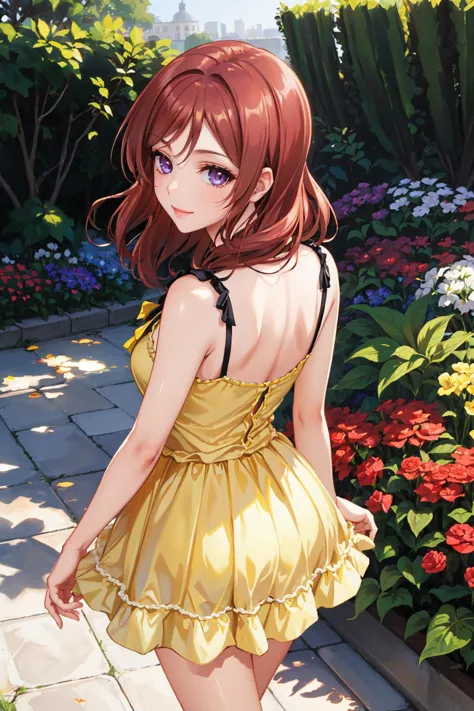 masterpiece, best quality, <lora:llmaki-nvwls-v1-000010:0.9> defMaki, yellow sundress, from behind, from above, garden, flowers,...