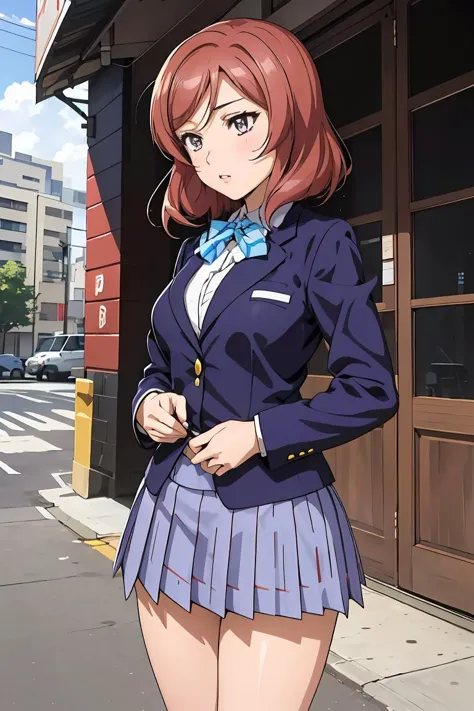 anime girl in uniform standing on the street in front of a building