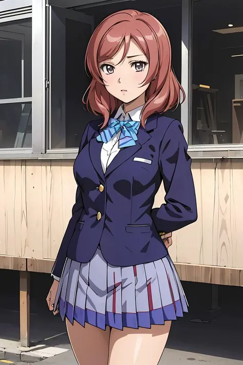 anime girl in school uniform standing in front of a school bus