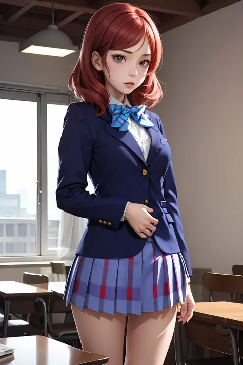 anime girl in school uniform posing in a classroom with desks