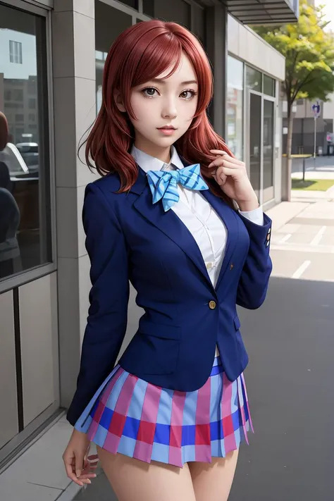 a close up of a woman in a school uniform posing for a picture