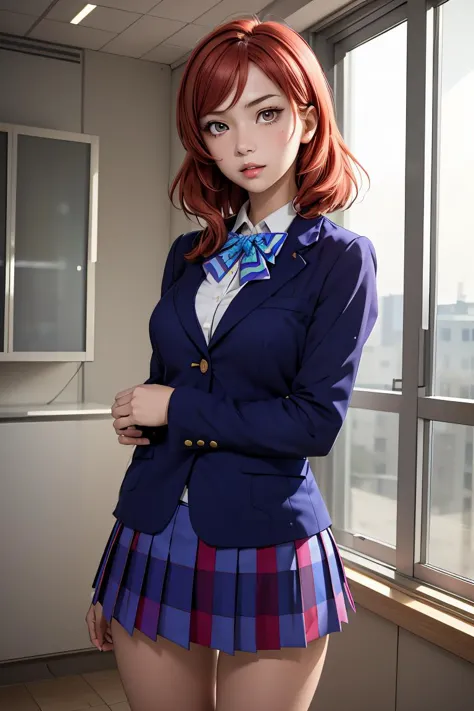 (masterpiece, best quality), 1girl,    <lora:llmaki-nvwls-v1:1> defMaki, blue blazer, striped blue bowtie, long sleeves, plaid miniskirt, blue miniskirt