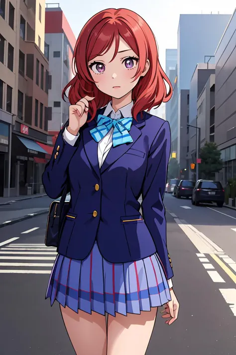 anime girl in school uniform walking down the street with her hand on her hip