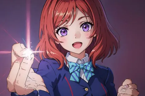 anime girl with red hair and blue bow tie holding a sparkler