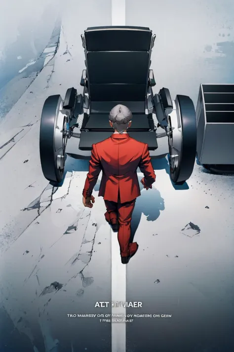 a man in a red suit walking next to a car