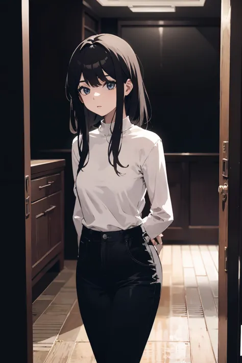 anime girl in a white shirt and black pants standing in a doorway