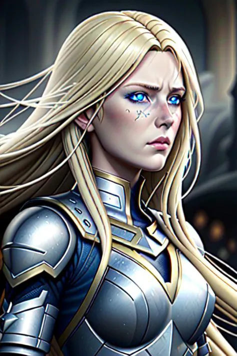 high resolution, hd, highly detailed, drway,  fcdetailportrait, female warrior, battle mail, battle dress, long blonde hair, blu...