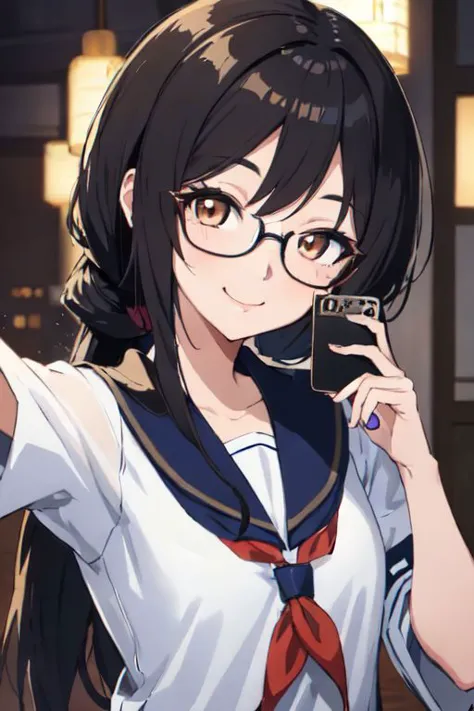 anime girl with glasses and a tie holding a camera