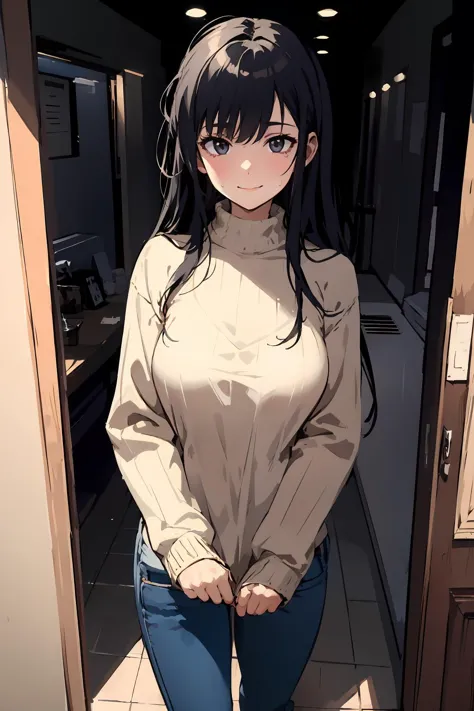 1girl,<lora:doorway-v3-wasabiya:1>,drway,doorway,dark background,dark room,<lora:clothestug-wasabiya:1>,shtug,sweater,sweat,fake smile,from above,long sleeves,pants,