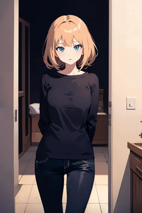 anime girl standing in a doorway with her hands in her pockets