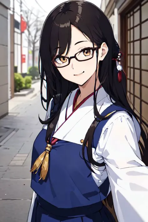 anime girl with glasses and a backpack walking down a street