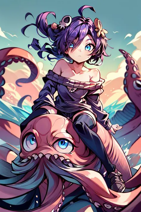 a cartoon girl riding on top of a giant octopus