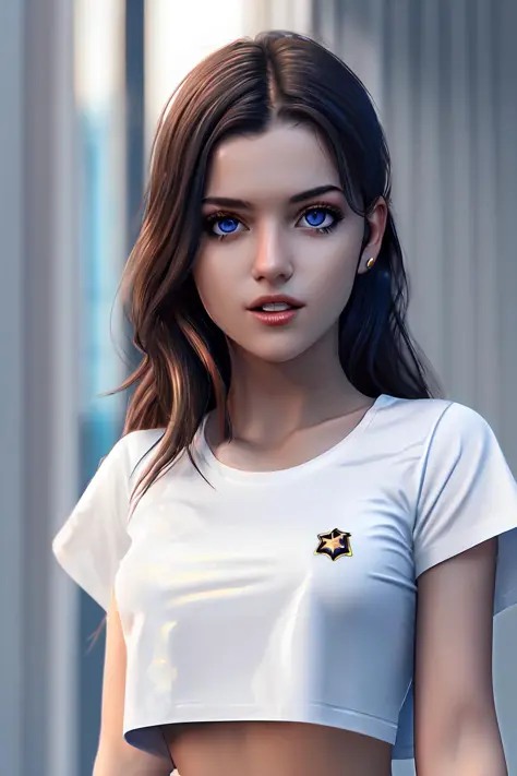 young horny girl, short free cropped white T-shirt, light, insane detailed, symmetric eyes, photorealistic, raytracing