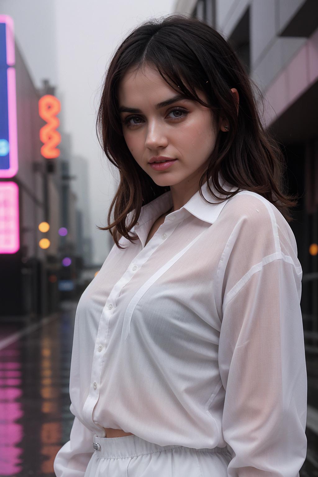 Arafed woman in white shirt and white skirt standing on street - SeaArt AI