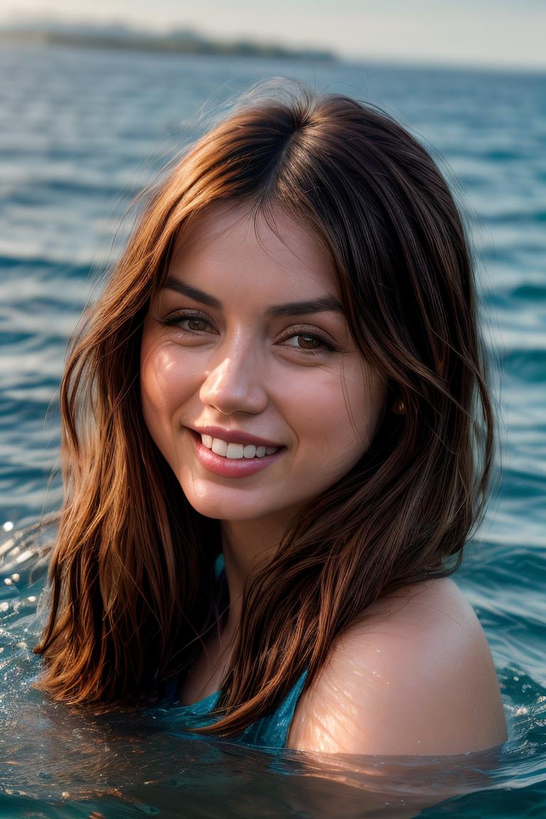 Camilla Luddington with wavy hair wearing a bikini on the seashore and  smiling - SeaArt AI