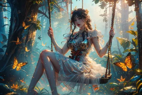 araffe girl sitting on a swing in a forest with butterflies