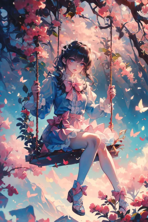 a woman sitting on a swing in a tree with flowers