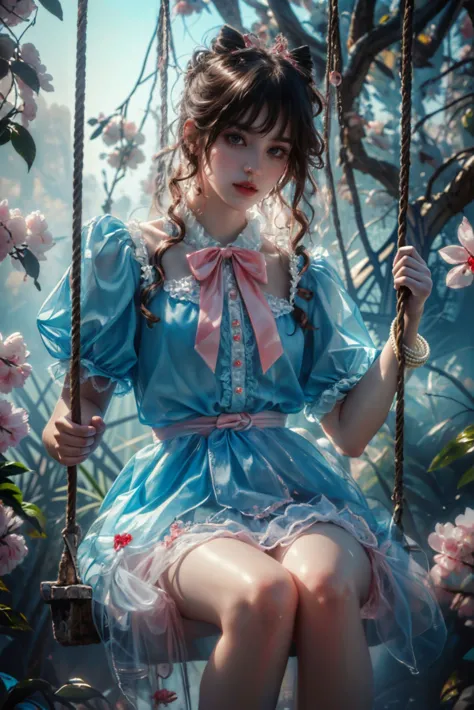 a close up of a woman sitting on a swing in a garden