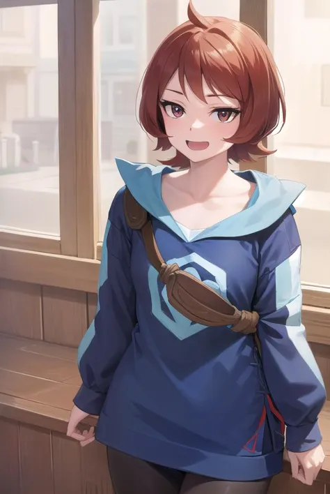 anime girl with brown hair and blue shirt standing in front of window