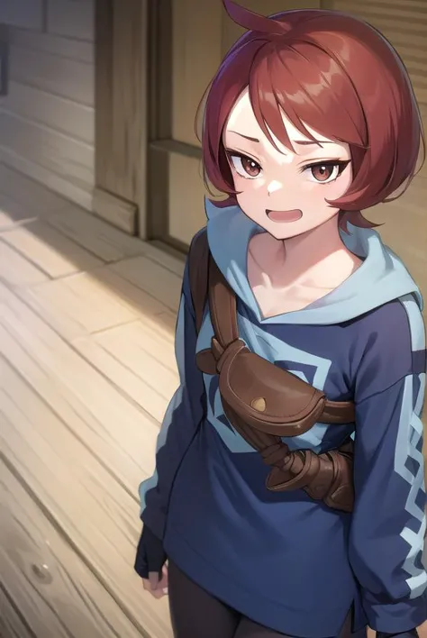 anime girl with red hair and brown pants standing in a hallway