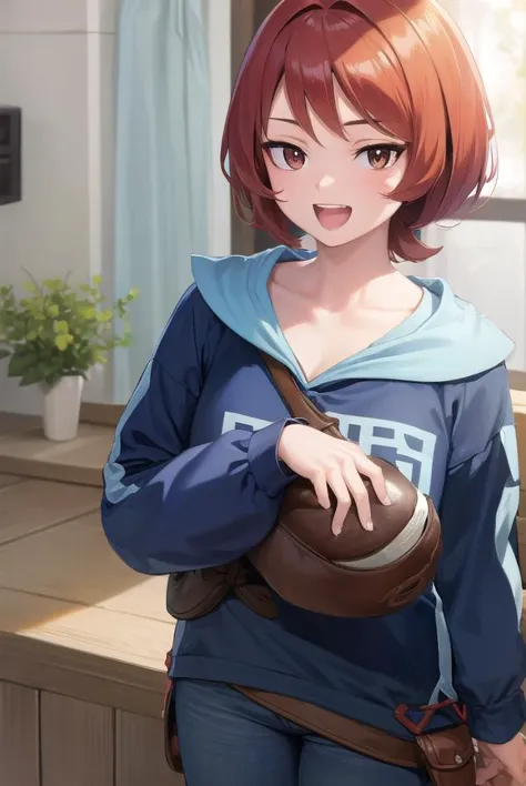 anime girl with red hair and blue hoodie holding a brown bag