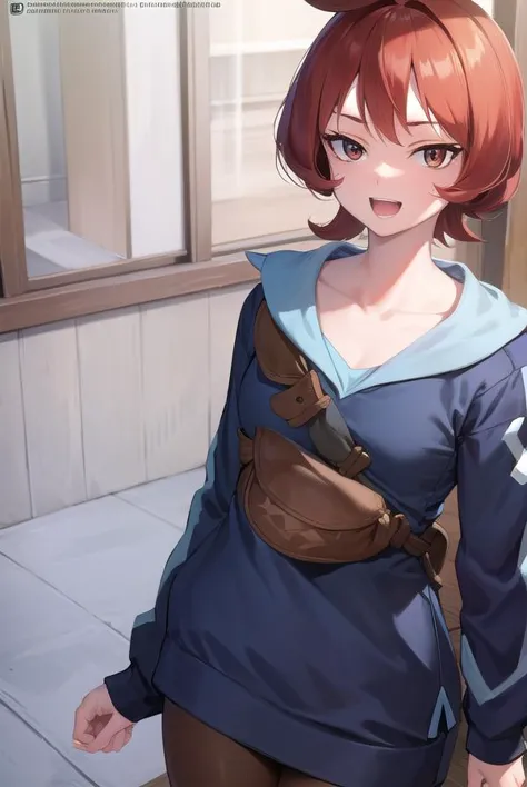 anime girl with red hair and a blue shirt and brown pants