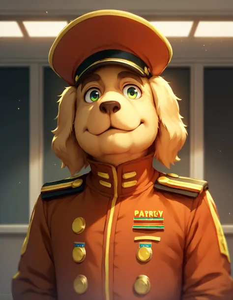 a close up of a dog in a uniform with a hat on