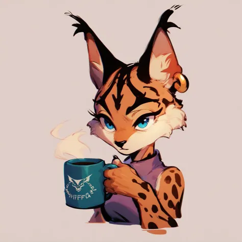 there is a drawing of a cat holding a cup of coffee