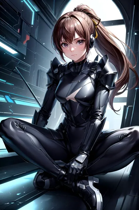 (masterpiece, best quality, detailed), 1girl, solo, looking at viewer, doakasumi, ponytail, hair ribbon, choker,
stealthtech, cutting edge, scifi, bodysuit, shoulder armor, interface headset, sleek angular, stairs, indoors, stairwell, indian style, hands on feet, closed mouth, expressionless