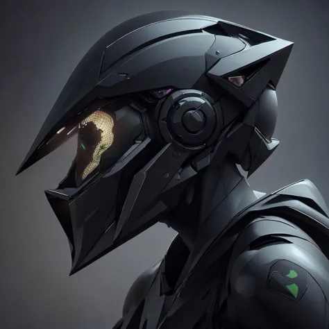 a close up of a helmet with a green light on it