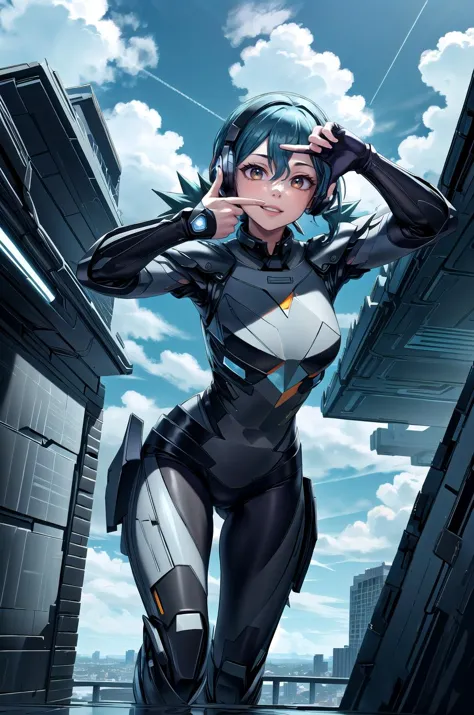 (masterpiece, best quality, detailed), 1girl, solo, pkmnJenny, looking at viewer, 
stealthtech, cutting edge, scifi, bodysuit, shoulder armor, interface headset, sleek angular, outdoors, rooftop, day, cityscape, blue sky, cloud, scenery, railing, finger frame, parted lips, smile