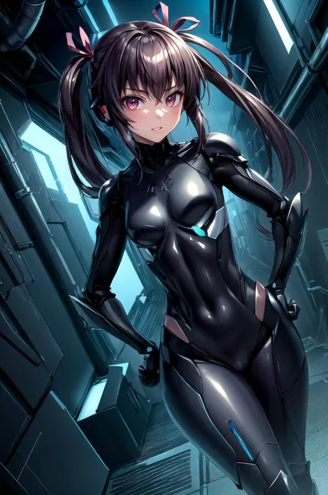 (masterpiece, best quality, detailed), 1girl, solo, looking at viewer, mizuki yukikaze, hair ribbon,
stealthtech, cutting edge, scifi, bodysuit, shoulder armor, interface headset, sleek angular, alleyway, industrial pipe, building, urban, power lines, cloudy sky, sign, dark, night, dutch angle, hands on hips, parted lips