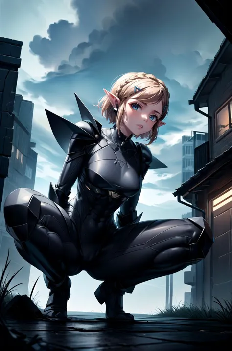 (masterpiece, best quality, detailed), 1girl, solo, aazelda, short hair, crown braid, hairclip, pointy ears, looking at viewer, 
stealthtech, cutting edge, scifi, bodysuit, shoulder armor, interface headset, sleek angular, outdoors, alley, industrial pipe, building, urban, power lines, cloudy sky, sign, dark, night, trash can, squatting, from below, spread legs, serious, parted lips