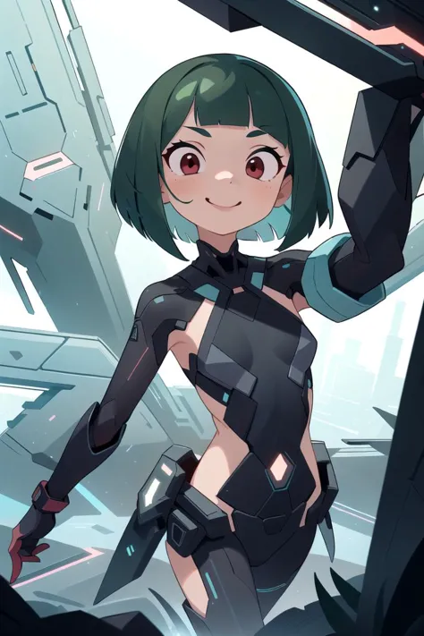 flat vector art , illustration,
closeup, small breasts, seductive smile,  best quality,
bob cut, red eyes, green hair,multicolored hair, aqua hair,
1girl,  standing in a scifi city, perfect face ,
stealthtech , cutting edge, sleek angular , scifi,