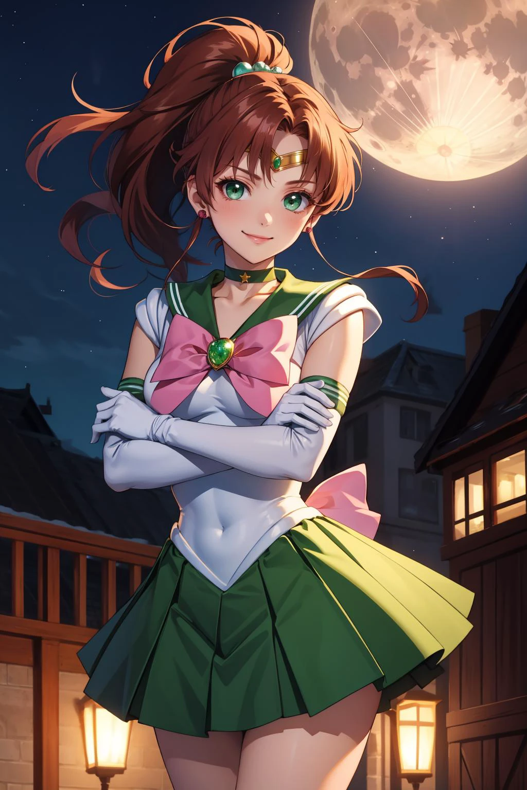 masterpiece, best quality, highres, absurdres, ultra detailed, pretty eyes,
hmjupiter, green eyes, ponytail, tiara, jewelry, sailor senshi uniform, green sailor collar, choker, elbow gloves, white gloves, pink bow, brooch, white leotard, green skirt, pleated skirt
sanding arms_crossed, cowboy shot, night, outdoors, moon, smile, city,
 