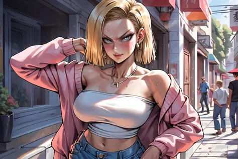 score_9, score_8_up,
<lora:xl_kelala_pony_ceshi(pony):1>, Korean style, ok hands,
1girl as android 18 on the street, (protruding upper circumference:2), large breasts:2, sagging breasts, 
blonde hair, jewelry, earrings, navel, pants, necklace, denim, midriff, jeans, looking at viewer, solo focus, open clothes, short hair, collarbone, long sleeves, jacket, pink jacket, crop top, shirt, closed mouth, hoop earrings, strapless, medium hair, lips, cardigan, cowboy shot, open jacket,
very long eyelashes, blue eyes, fierce eyes, upturned eyes, v-shaped eyebrows, smile, serious, angry, blush, sweat,