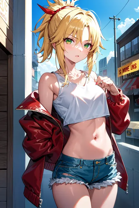 masterpiece, best quality, illustration, city street, 1girl, mordred \(fate\), cowboy shot, skinny, collarbone, detailed blonde ...