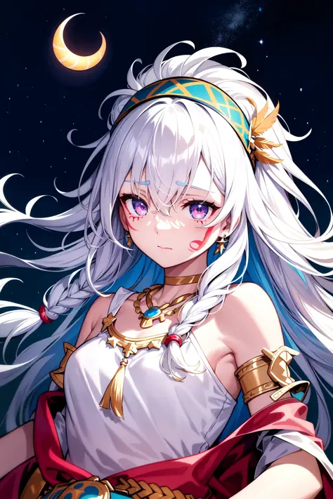 best quality, masterpiece, illustration, colorful, night, starry sky, floating, 1girl, face focus, multicolored, detailed messy long white hair braid, narrowed eyes, cute face, native american loincloth robe, facial tattoo facepaint, armlet, headband, feather hair ornament, necklace, earrings, jewelry