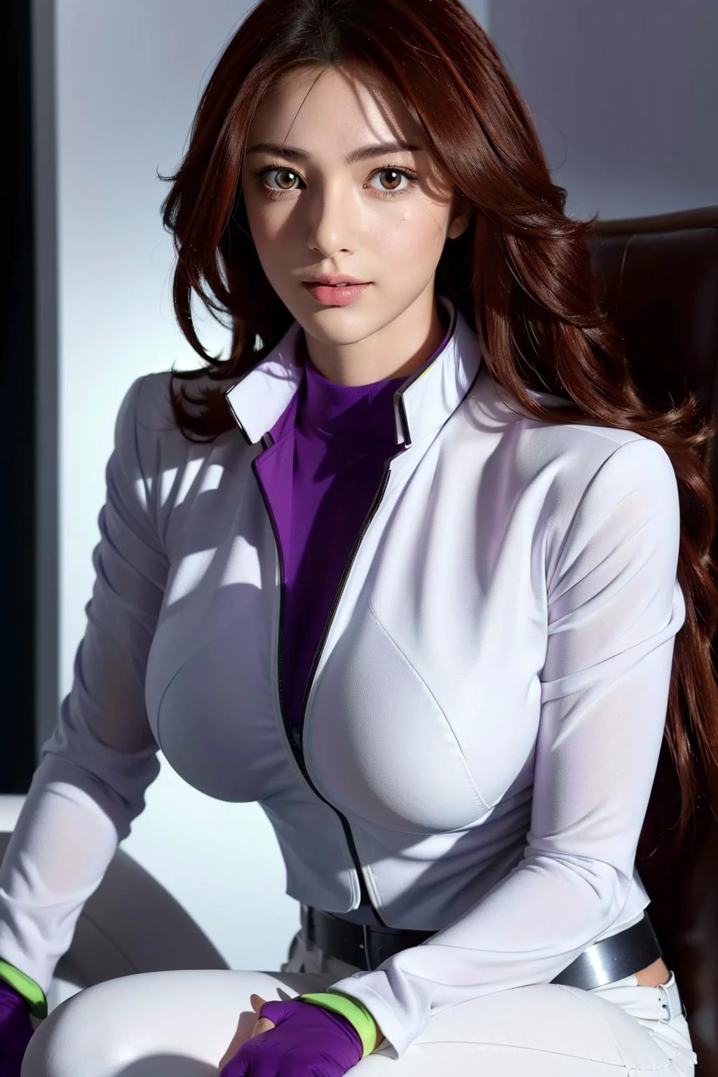 (Night:1.7),a space battleship in space,
dynamic pose,sitting in grey chair,
white pants,belt, white shirt,long sleeves,gloves,(purple_jacket:1.2),(purple_suit:1.2)
bangs,brown_hair, long_hair,red eyes,lipstick,makeup,
,1 girl, 18yo,Young female,Beautiful long legs,Beautiful body,
Beautiful Nose,Beautiful character design, perfect eyes, perfect face,expressive eyes,perfect balance,
looking at viewer,closed mouth, (innocent_big_eyes:1.3),(Light_Smile:0.3),
official art,extremely detailed CG unity 8k wallpaper, perfect lighting,Colorful, Bright_Front_face_Lighting,White skin,
(masterpiece:1.0),(best_quality:1.0), ultra high res,4K,ultra-detailed,
photography, 8K, HDR, highres, absurdres:1.2, Kodak portra 400, film grain, blurry background, bokeh:1.2, lens flare, (vibrant_color:1.2),professional photograph,
(Beautiful,huge_Breasts:1.4), (beautiful_face:1.5),(narrow_waist),