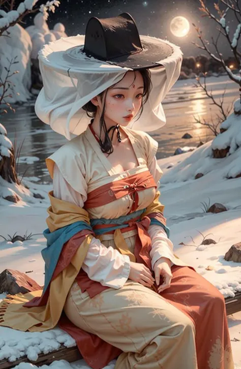 1girl, weimao hat, masterpiece, best quality, 8k <lora:veilhat_v2b:0.88>, snow, big and beautiful breasts, sitting, (moon night)
