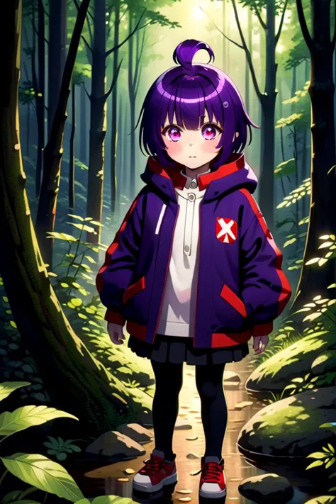 a girl in a purple jacket standing in a forest